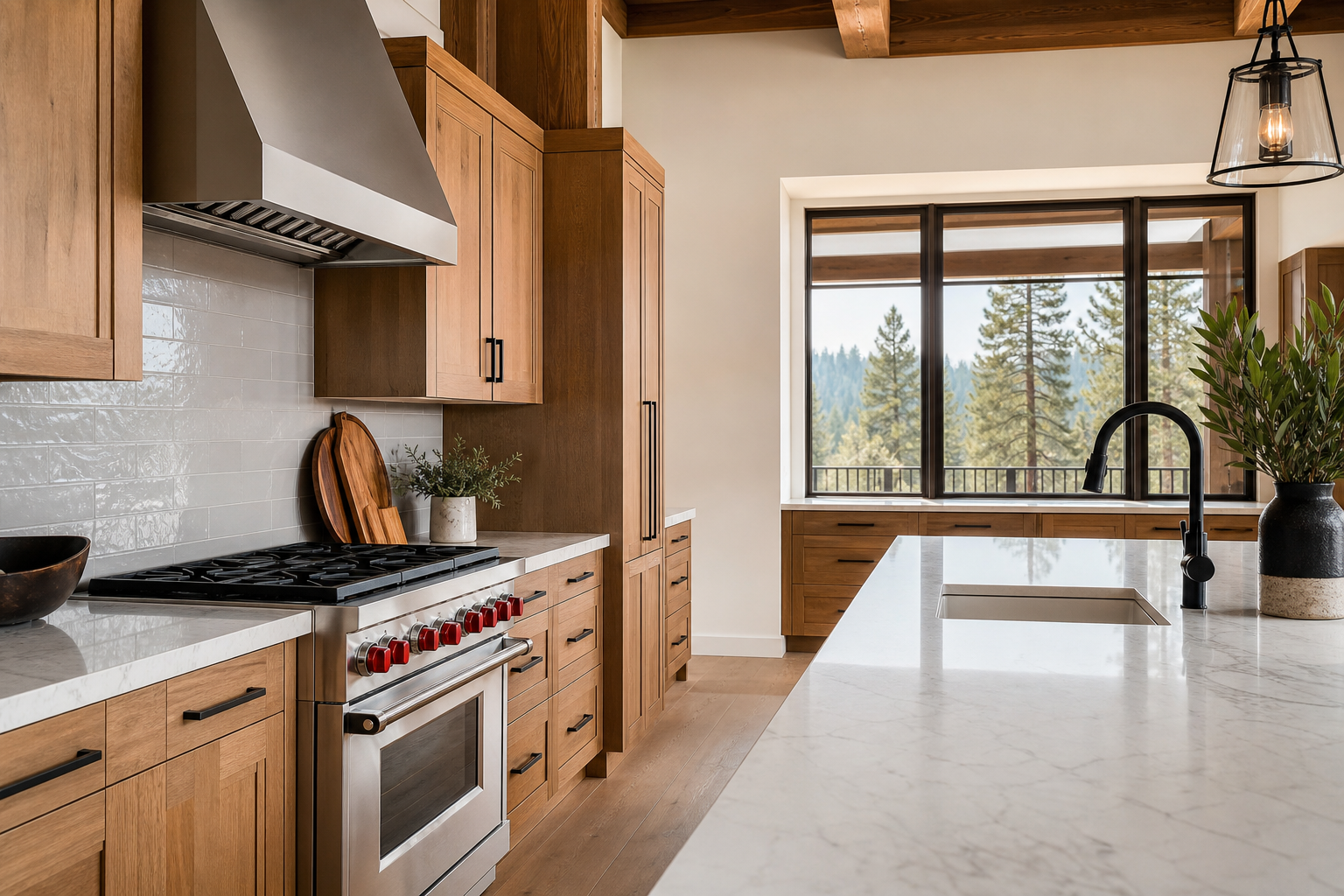Deep-cleaned mountain home kitchen with polished surfaces