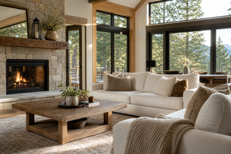 Clean mountain home living room with large windows and pine trees