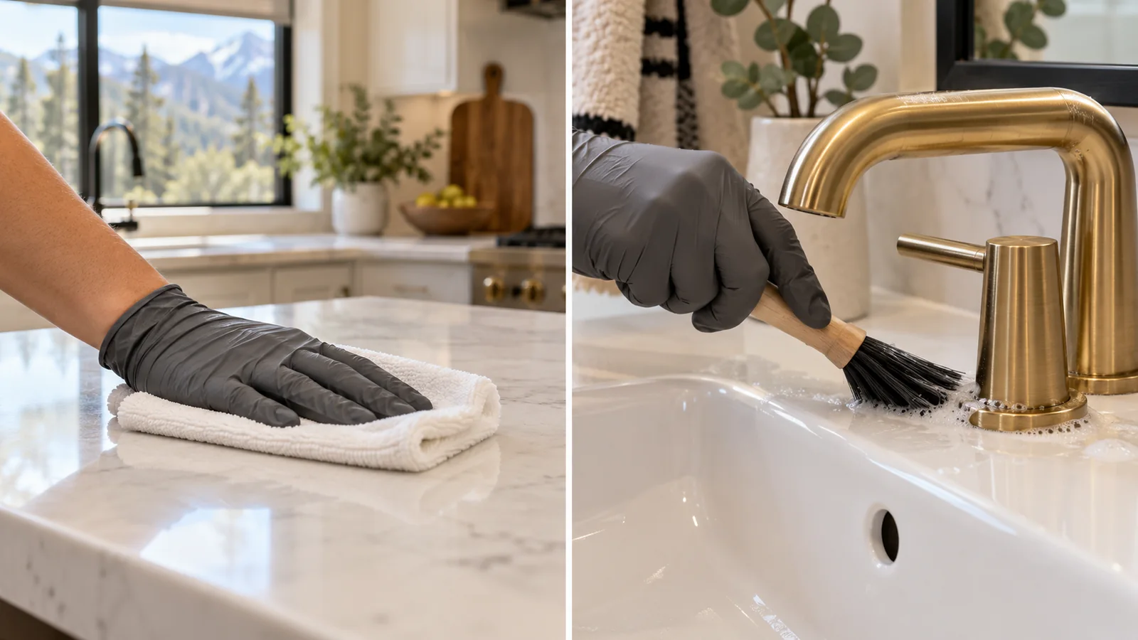 Side-by-side views of wiping a kitchen countertop and brushing around a bathroom faucet.